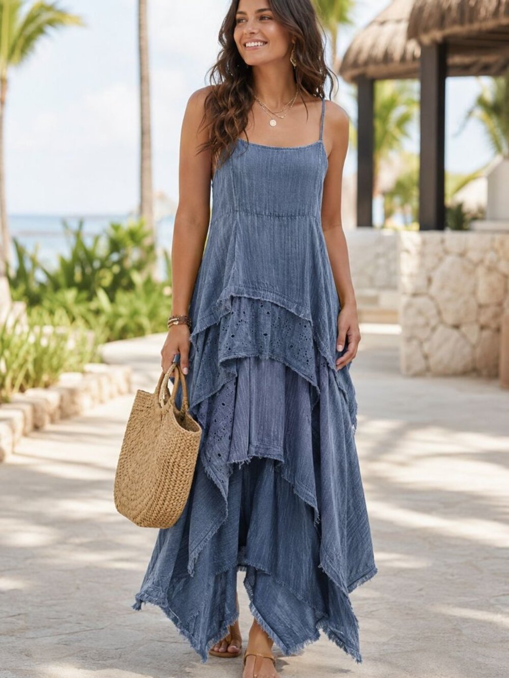 Oli & Hali Mineral Wash Denim Blue Tiered Maxi Dress L Boho Western Festival - Picture 12 of 12